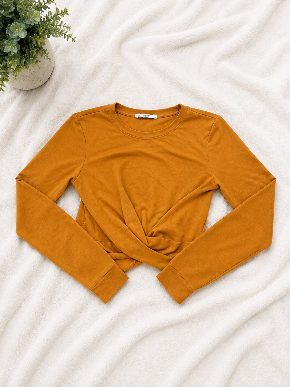 Zara Twist Front Long Sleeve Crop Top - Mustard Brown